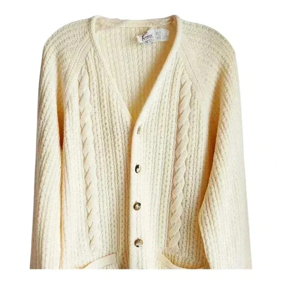 Vintage 70s Wool Blend Cardigan Women XL | Cable Knit Grandpa Sweater Ivory - Picture 2 of 11